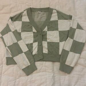 Garage Green and White Checkerboard Patterned Cardigan